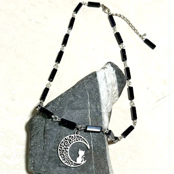 Dark Blue Goldstone Short Necklace w/ Silver Cat on the Moon Pendant - Picture 4 of 14